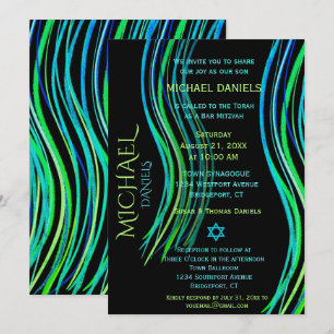 Invitación Bar Mitzvah Blue Neon Green Prayer Shawl