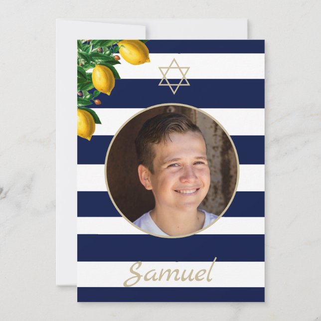 Invitación Bar Mitzvah Blue Stripe Estrella moderna de David (Reverso)