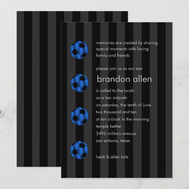 Invitación Bar Mitzvah Blue y Black Soccer Ball (Anverso / Reverso)