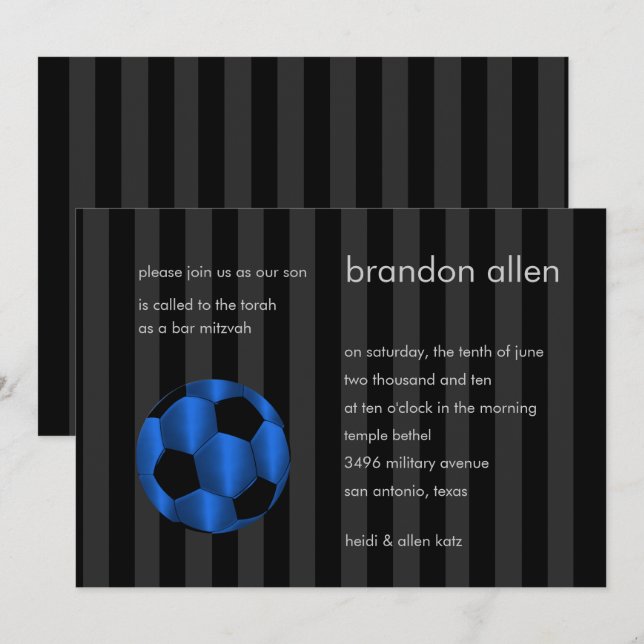 Invitación Bar Mitzvah Blue y Black Soccer Ball (Anverso / Reverso)