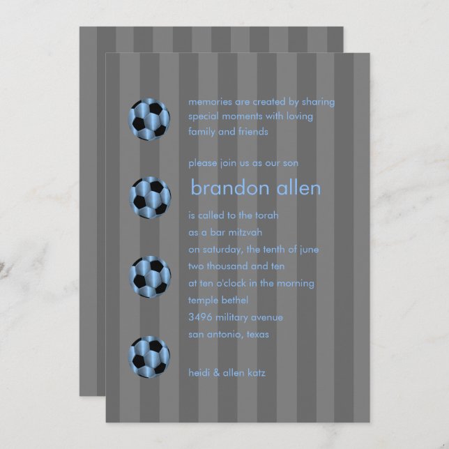 Invitación Bar Mitzvah Blue y Black Soccer Ball (Anverso / Reverso)