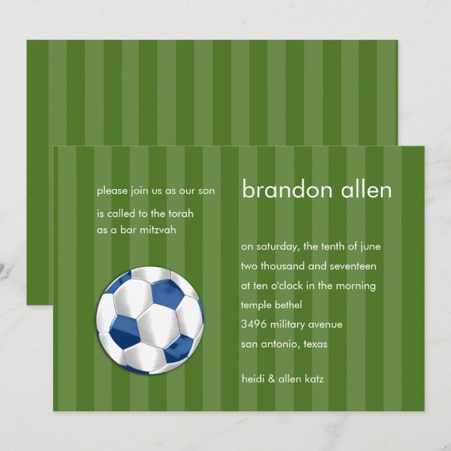 Invitación Bar Mitzvah Bola de fútbol azul y blanco (Anverso / Reverso)