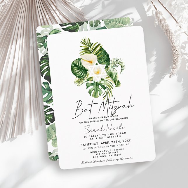 Invitación Bar Mitzvah Botánico de Hibisco Blanco Tropical (Subido por el creador)