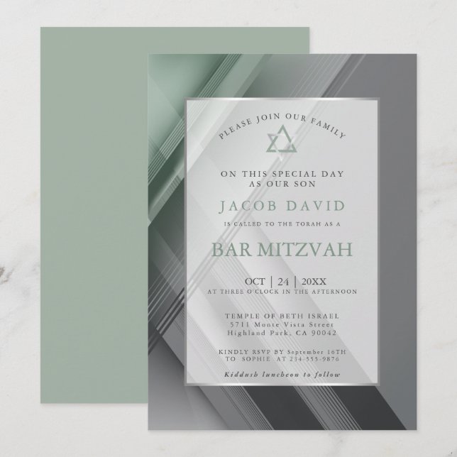 Invitación Bar Mitzvah Carbón verde geométrico moderno (Anverso / Reverso)