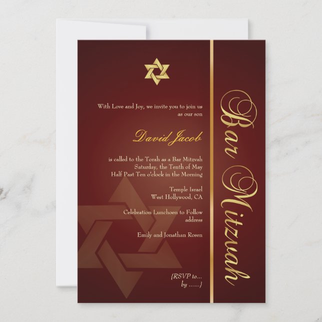 Invitación Bar Mitzvah/carmesí/oro (Anverso)
