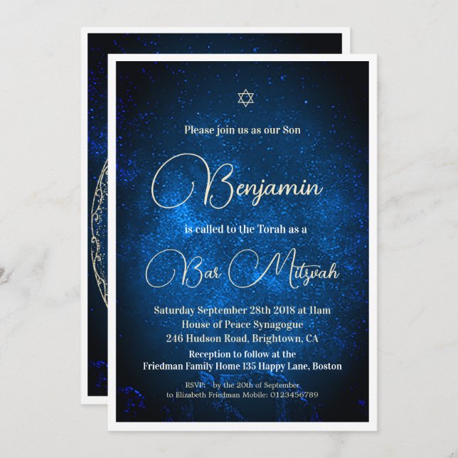 Invitación Bar Mitzvah Celestial Astral Moon Star David (Anverso / Reverso)