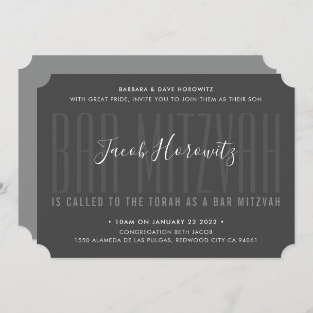 Invitación BAR MITZVAH chico moderno tipo overlay gris oscuro (Anverso / Reverso)