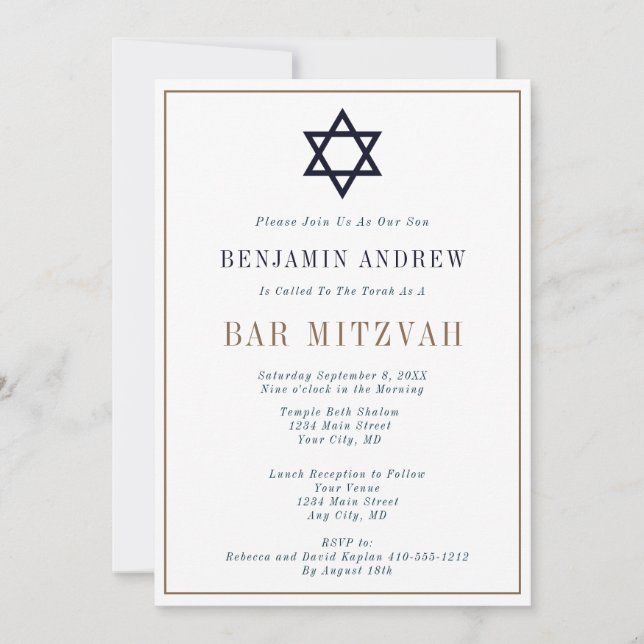 Invitación Bar Mitzvah clásico de azul marino y oro  (Anverso)