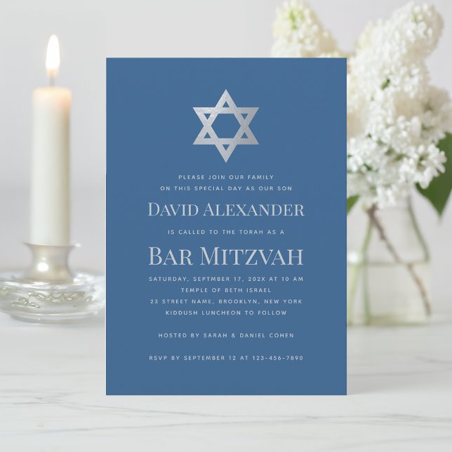 Invitación Bar Mitzvah Classic Blue Faux Silver Star of David (Subido por el creador)