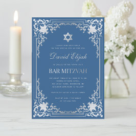 Invitación Bar Mitzvah Classic Blue Faux Silver Star Vintage