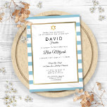 Invitación Bar Mitzvah Classic Blue Stripe Gold<br><div class="desc">Con un fondo clásico de rayas blancas y negras,  esta elegante invitación a Bar Mitzvah presenta un elegante Relieve metalizado de oro fino enmarcado en sus detalles en la tipografía de moda. Diseñado por Thisisnotme©</div>