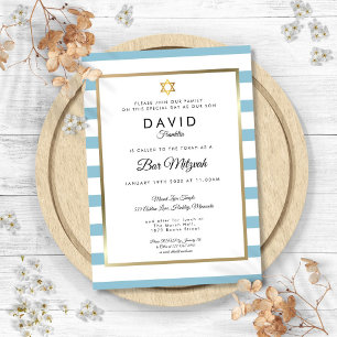 Invitación Bar Mitzvah Classic Blue Stripe Gold