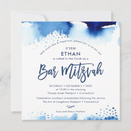 Invitación BAR MITZVAH color de agua azul con letras de mano