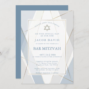 Invitación Bar Mitzvah con líneas modernas en azul y gris