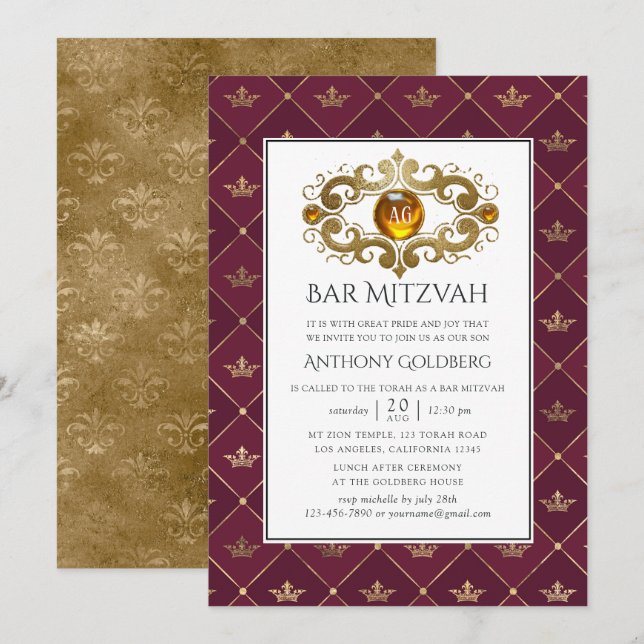 Invitación Bar Mitzvah con monograma heráldico de Borgoña y o (Anverso / Reverso)