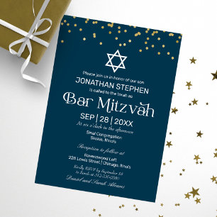 Invitación Bar Mitzvah Confeti Dorado Tipografía Moderna Azul