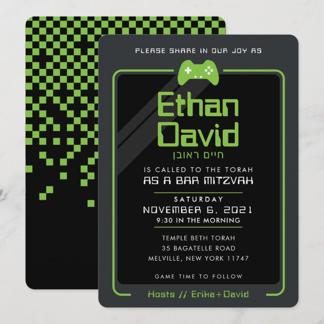 Invitación BAR MITZVAH control de jugador moderno negro verde (Anverso / Reverso)