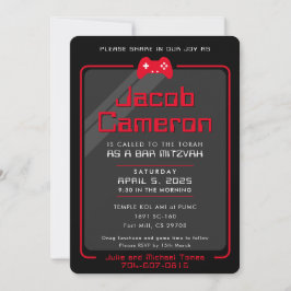 Invitación BAR MITZVAH controles de juego modernos negro rojo