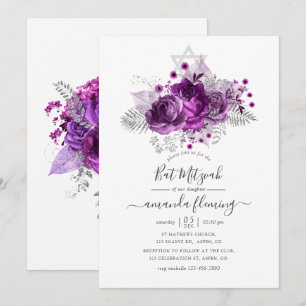 Invitación Bar Mitzvah de acuarela de ciruela y plata
