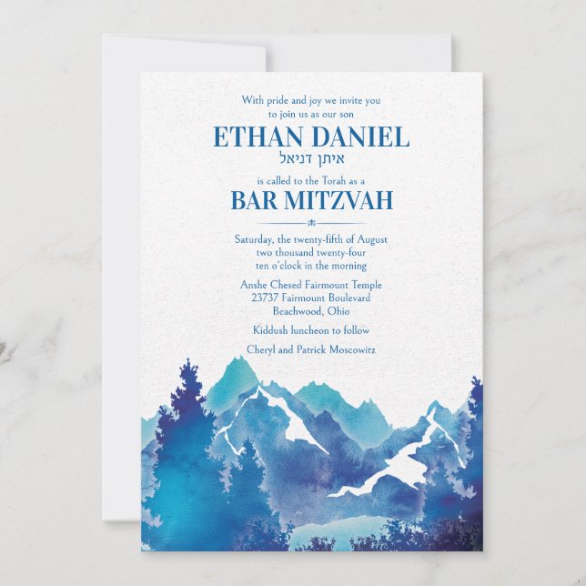 Invitación Bar Mitzvah de Acuarela del Monte Blue Majestic (Anverso)