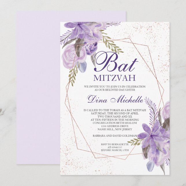 Invitación Bar Mitzvah de acuarela floral púrpura en rosa dor (Anverso / Reverso)