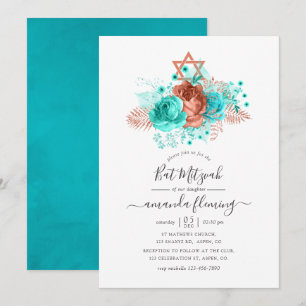 Invitación Bar Mitzvah de acuarela turquesa y coral
