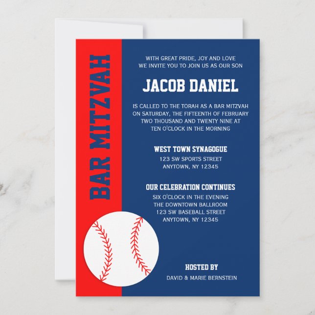 Invitación Bar Mitzvah de béisbol rojo azul (Anverso)