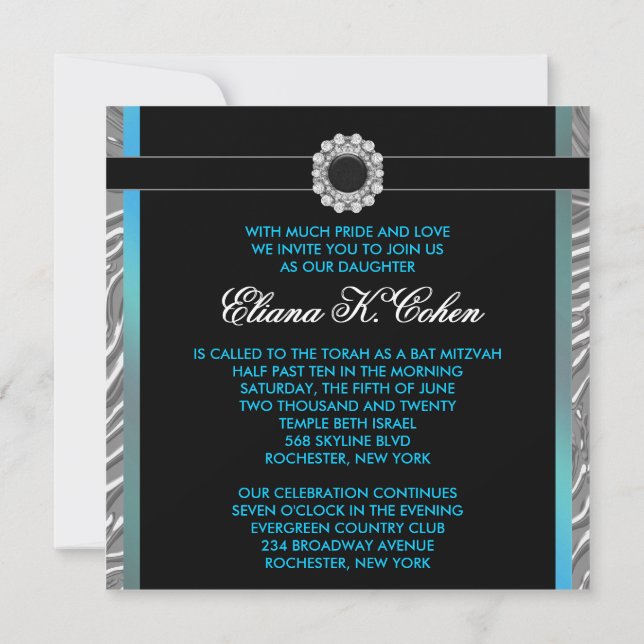 Invitación Bar Mitzvah de cebra azul turquesa (Reverso)
