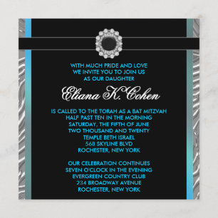 Invitación Bar Mitzvah de cebra azul turquesa