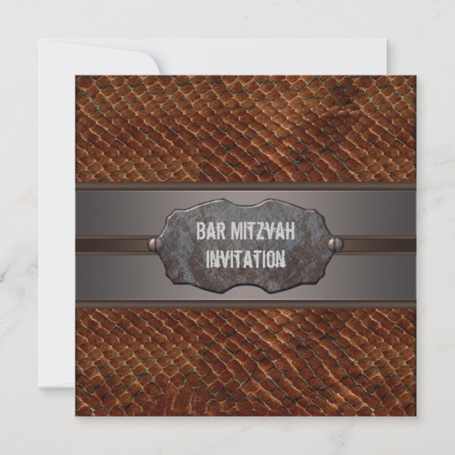 Invitación Bar Mitzvah de cuero marrón rústico (Anverso)