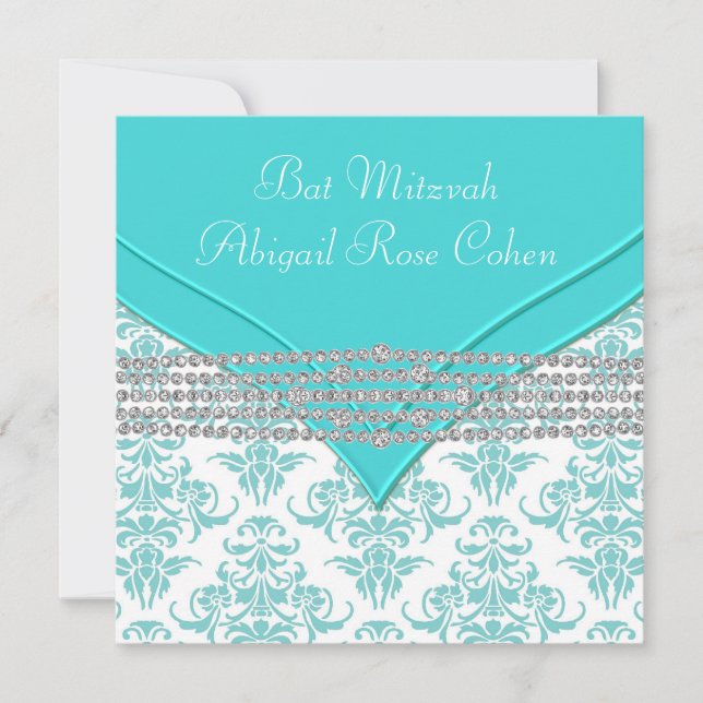 Invitación Bar Mitzvah de Damasco Azul Turquesa (Anverso)