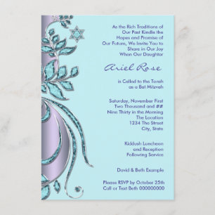 Invitación Bar Mitzvah de lavanda púrpura y azul turquesa