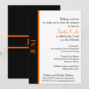 Invitación Bar Mitzvah de Monograma Naranja y Negro