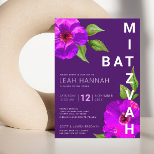Invitación Bar Mitzvah de Murciélago Púrpura Rosado Floral Ac