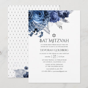 Invitación Bar Mitzvah de Navy y Blanco con Floral de Lámina