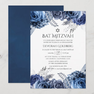 Invitación Bar Mitzvah de Navy y Blanco con Floral de Lámina