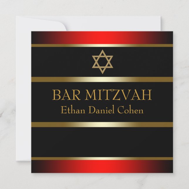 Invitación Bar Mitzvah de oro rojo y negro (Anverso)