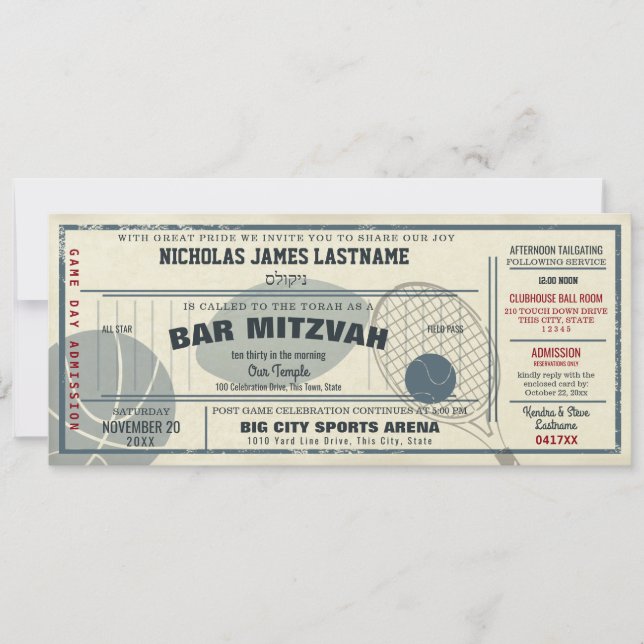 Invitación Bar Mitzvah de Pase de Deporte Antiguo (Anverso)