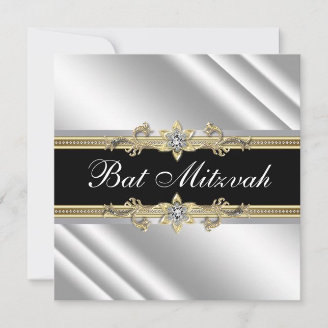 Invitación Bar Mitzvah de plata, negro y dorado (Anverso)