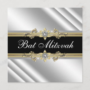 Invitación Bar Mitzvah de plata, negro y dorado