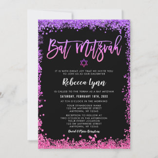 Invitación Bar Mitzvah de Purpura Rosa Falso Brillo