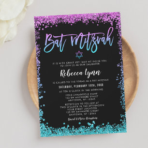 Invitación Bar Mitzvah de Purpura Turquesa Falso Brillo