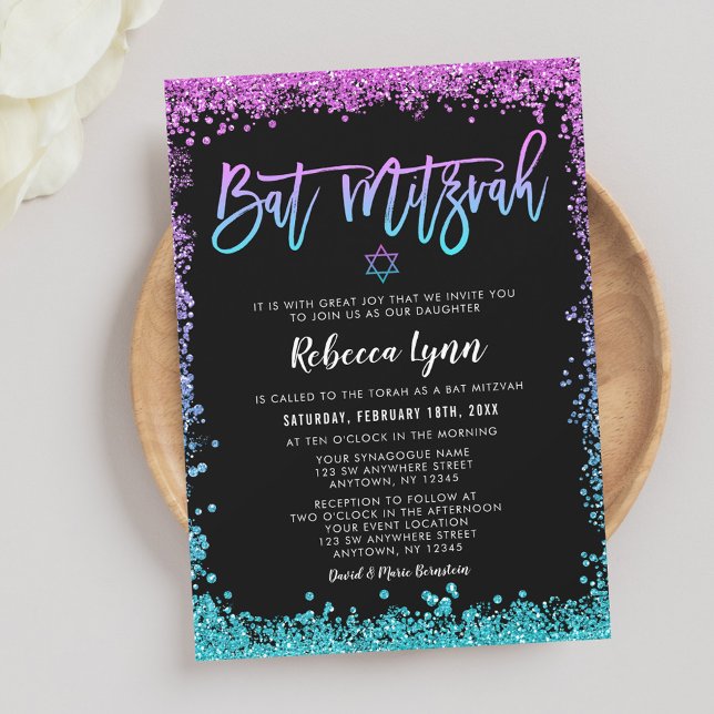 Invitación Bar Mitzvah de Purpura Turquesa Falso Brillo (Subido por el creador)