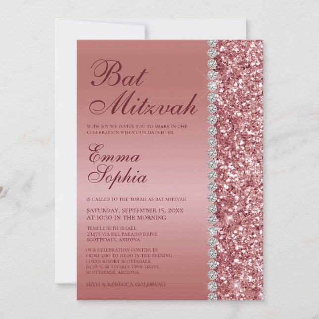 Invitación Bar Mitzvah de Purpurina de Oro Rosa (Anverso)