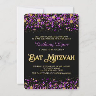 Invitación Bar Mitzvah de purpurina dorada y morada