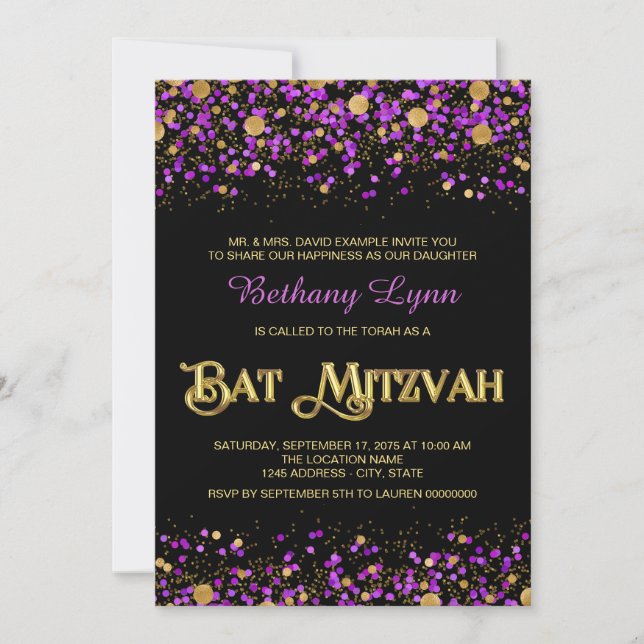 Invitación Bar Mitzvah de purpurina dorada y morada (Anverso)