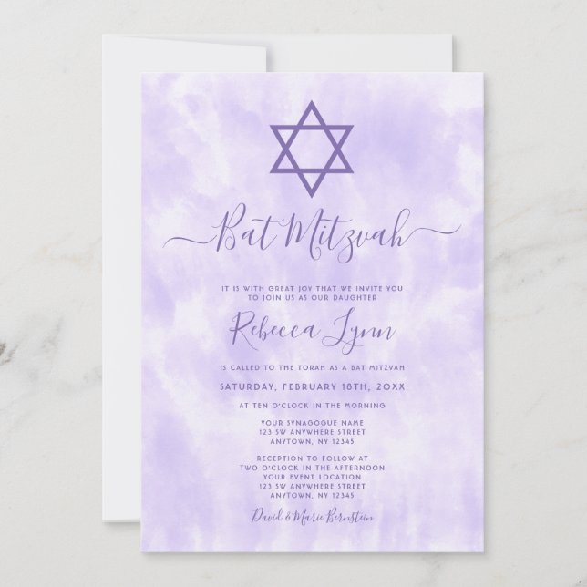 Invitación Bar Mitzvah de Tinte Morado (Anverso)