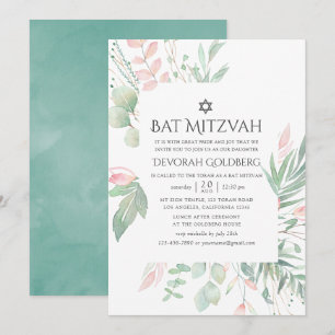 Invitación Bar Mitzvah de Tono Rosa Pastel con Vegetación
