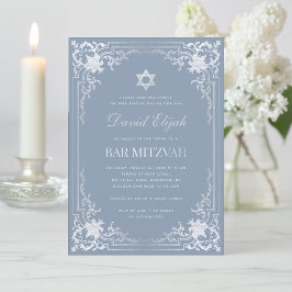 Invitación Bar Mitzvah Dusty Blue Faux Silver Elegage