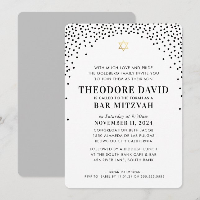 Invitación BAR MITZVAH elegante arco moderno oro negro (Anverso / Reverso)